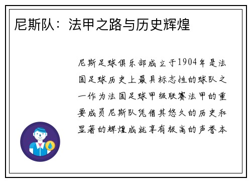 尼斯队：法甲之路与历史辉煌