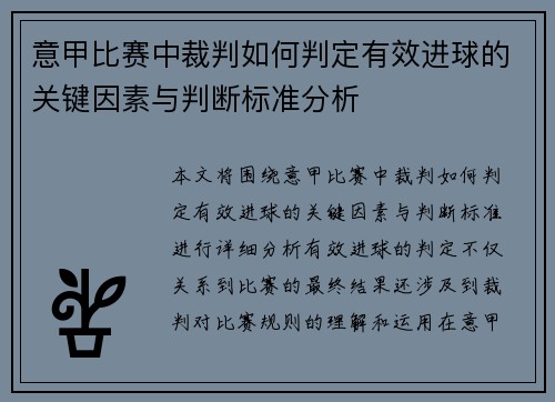 意甲比赛中裁判如何判定有效进球的关键因素与判断标准分析